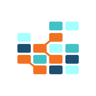 Abstract design of interconnected colored blocks in blue, orange, and teal, representing digital or data structure