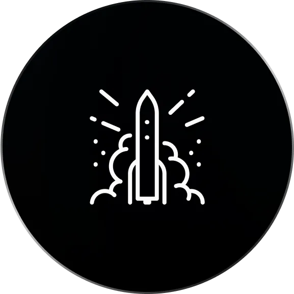 A white line icon inside a black circle depicting a rocket ship launching
