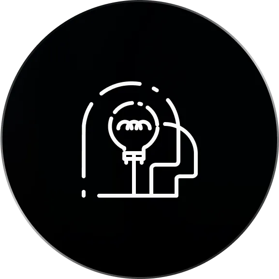A white line icon inside a black circle depicting a lightbulb inside a stylized outline of a human head