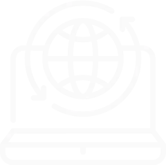A white icon on a transparent background of a laptop displaying a globe icon, with two curved arrows circulating around the globe