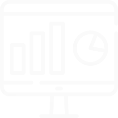 A white icon on a transparent background of a computer monitor displaying a bar chart and a pie chart