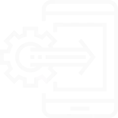 A white icon on a transparent background showing a gear symbol with a large arrow pointing from it into the screen of a smartphone