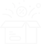 A white line icon on a transparent background of an open box with a percentage symbol and confetti coming out of it