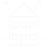 A white line icon on a transparent background of a two-story house with sparkles around it