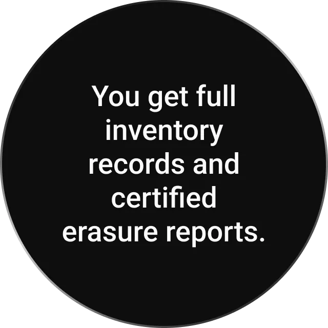 A black circle with white text that reads: "You get full inventory records and certified erasure reports