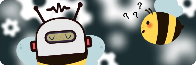 A cartoon bee with a confused expression and question marks over its head looks at a bee-like robot. The background is filled with blurry gear shapes.