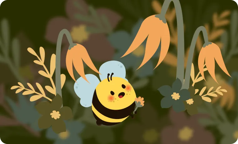 A joyful cartoon bee with an open-mouthed smile and rosy cheeks flies in the middle of a garden with large, drooping orange flowers.
