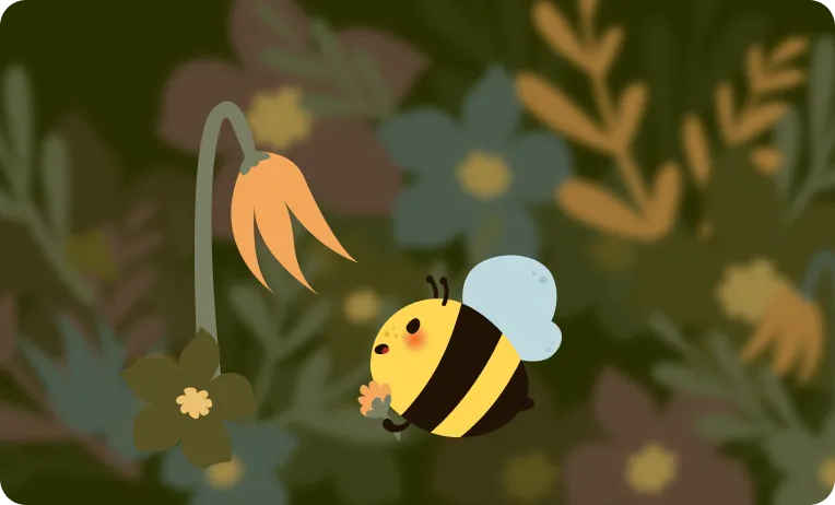 A cute cartoon bee holding a small flower looks up at a large, drooping orange flower against a muted, dark green floral background