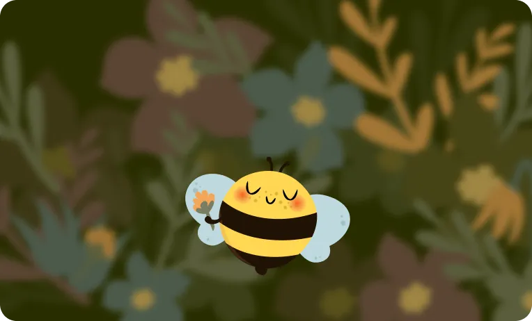 A cute cartoon bee with closed eyes and rosy cheeks holds a small flower, floating against a blurry background of muted-color flowers