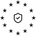 A shield with a checkmark icon in the center of a circle of stars, representing EU-verified security or compliance