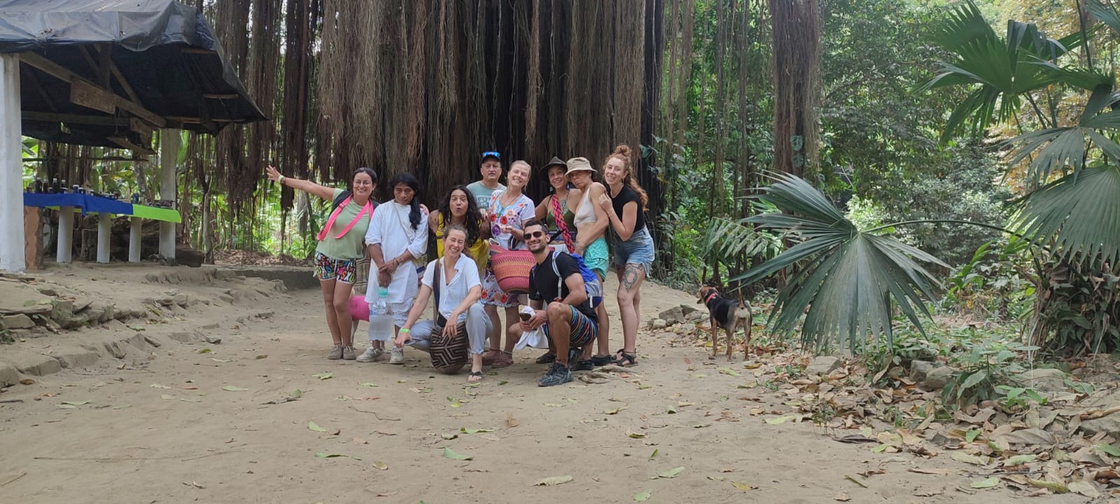 A group gathered together in a jungle clearing