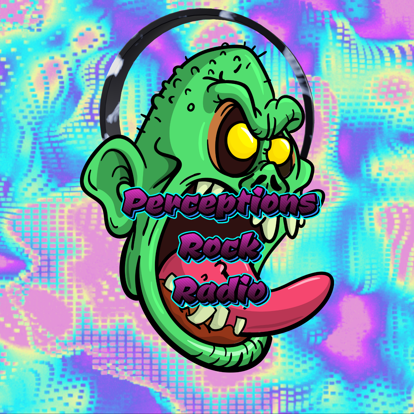 A green monster with headphones with purple text that says perceptions rock radio