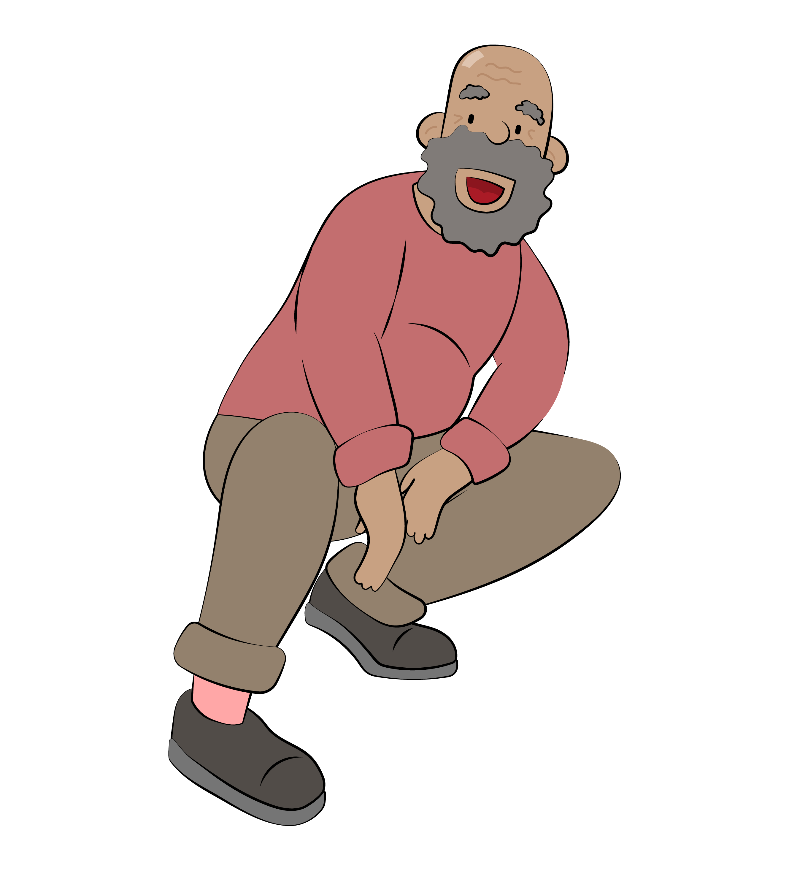 A bald man with a beard squatting with one leg in front of the other