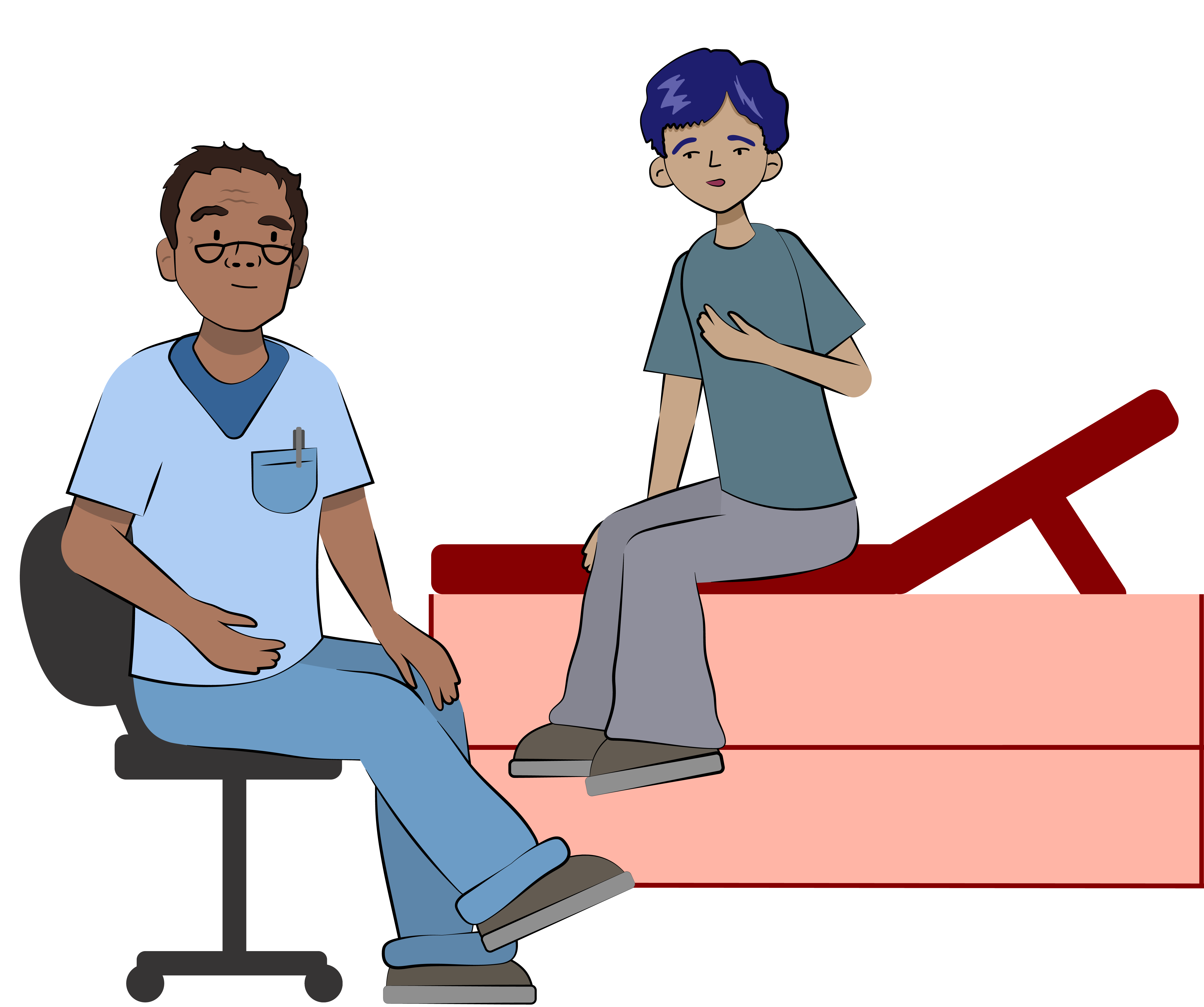 Teenager sitting on an exam table and speaking to his doctor