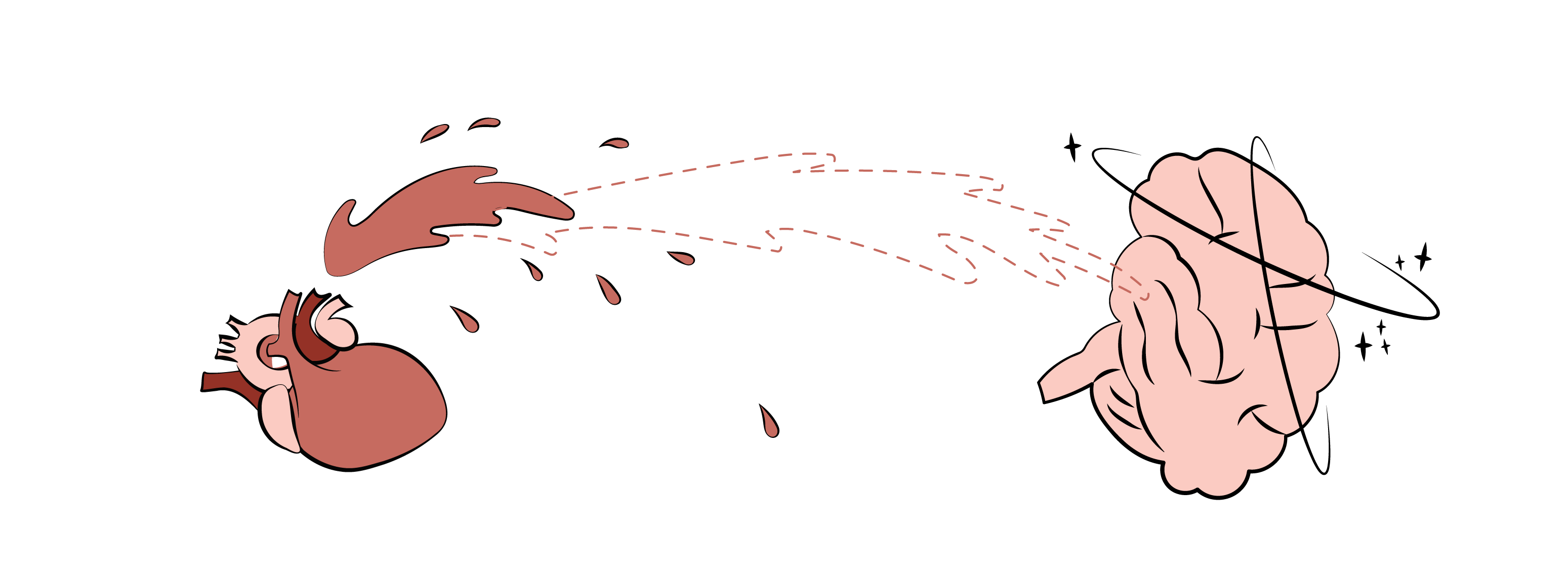 A heart that has fallen on its side, unable to shoot blood far enough to get to a brain. The brain has circles and stars around it, indicating that it is dizzy. 