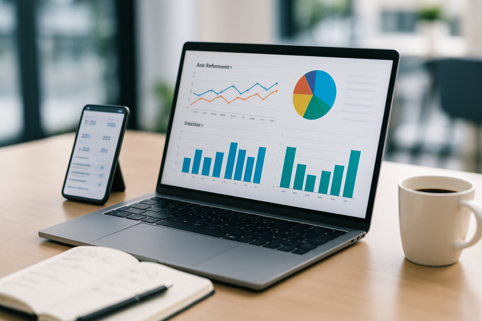A workspace with a laptop and smartphone displaying charts and graphs related to e-commerce ad tracking.