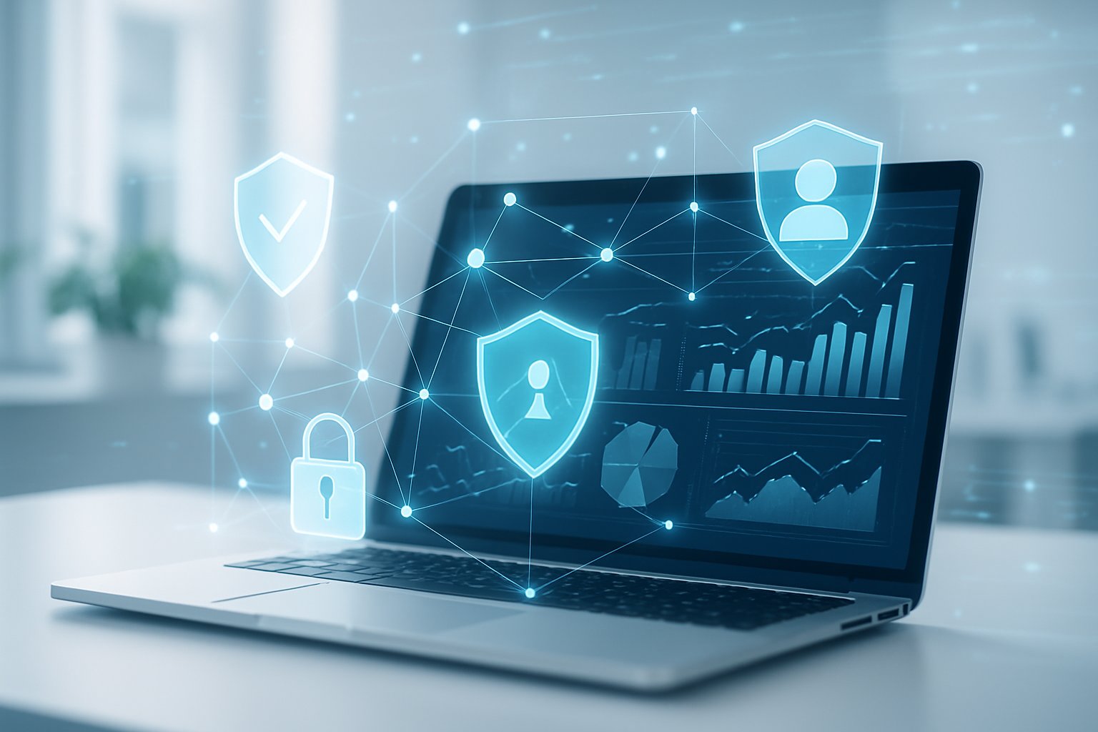 A laptop on a desk showing abstract data visuals with holographic icons representing privacy and secure data connections in a modern office setting.