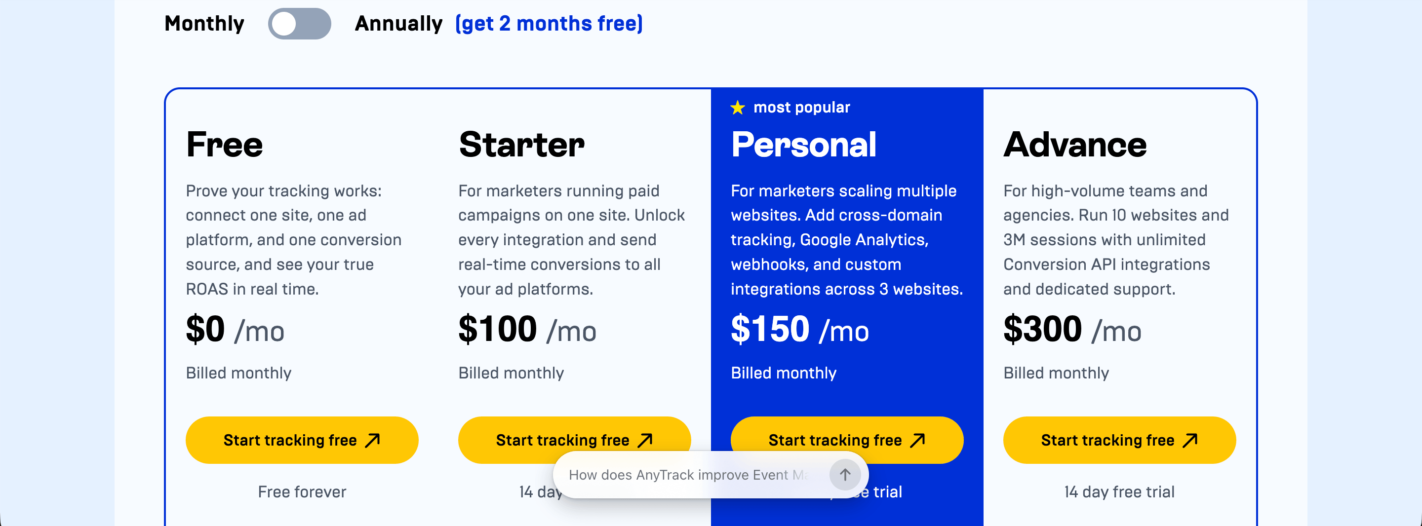 any track pricing table