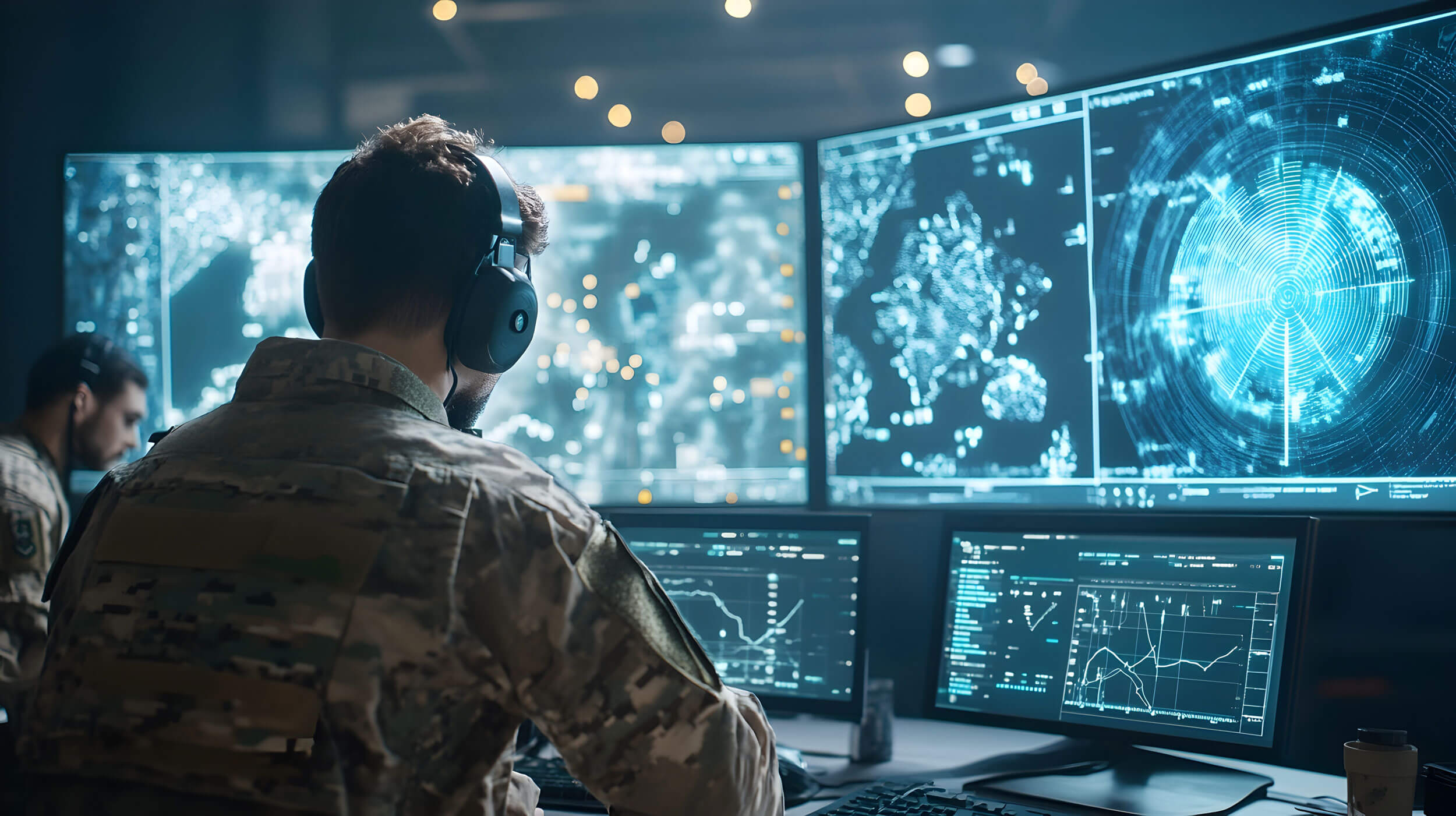 A soldier monitoring the events of a military operation.