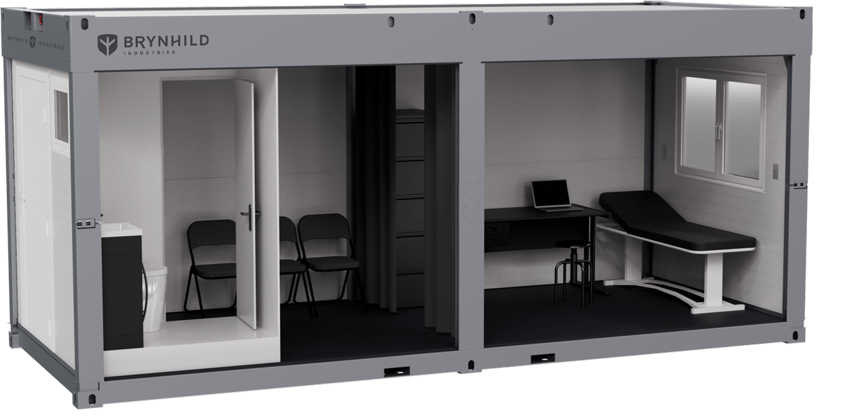 The Svallin XX with an examination bed, desk, waiting room and bathroom adapted for use as mobile medical clinic. 