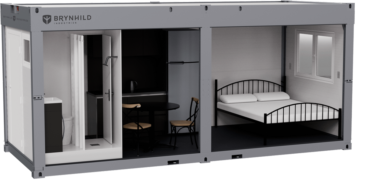 The Svallin XX with a bed, bathroom and kitchen adapted for use as mobile housing. 