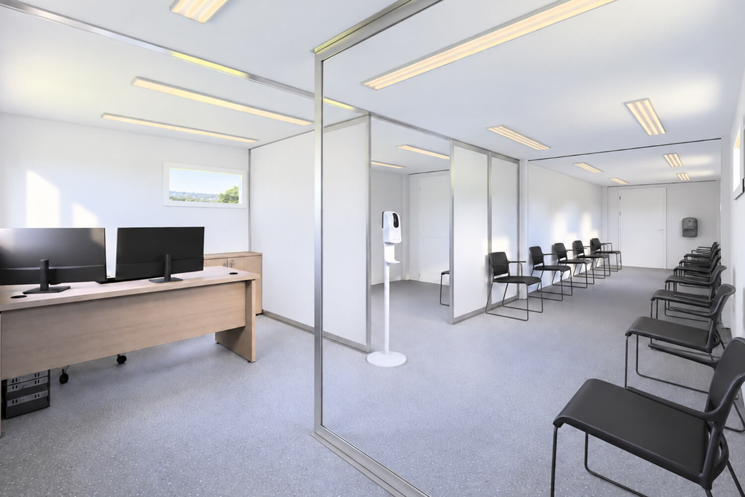 Several units linked to form a government office complete with a waiting room. 