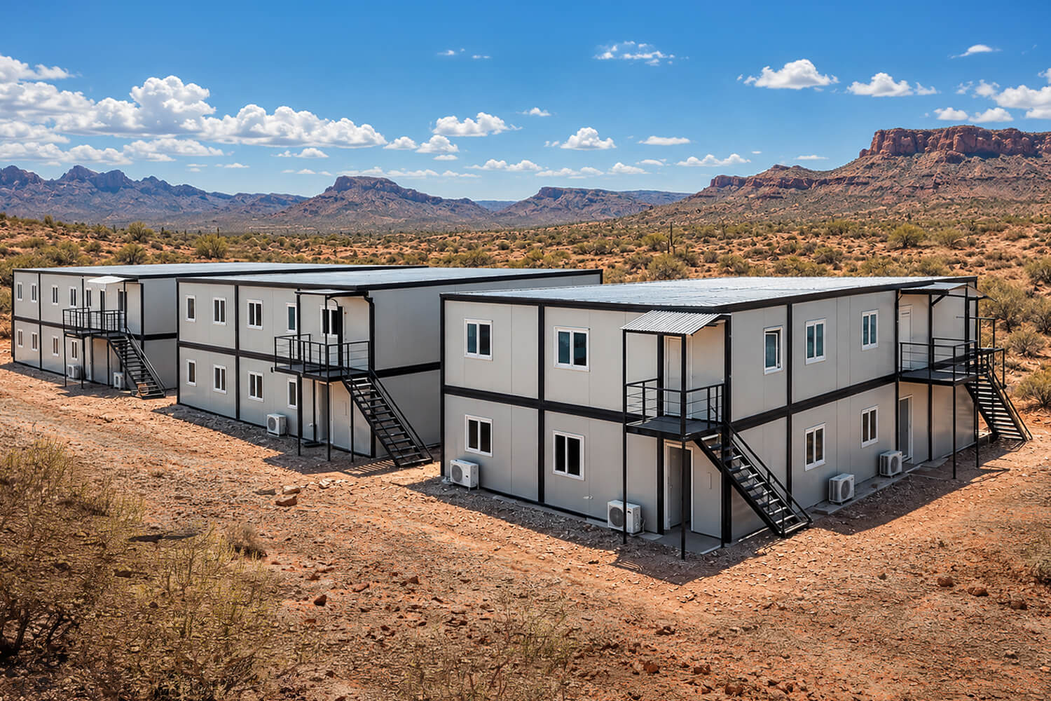 Several units linked to form a housing complex at a mining site. 