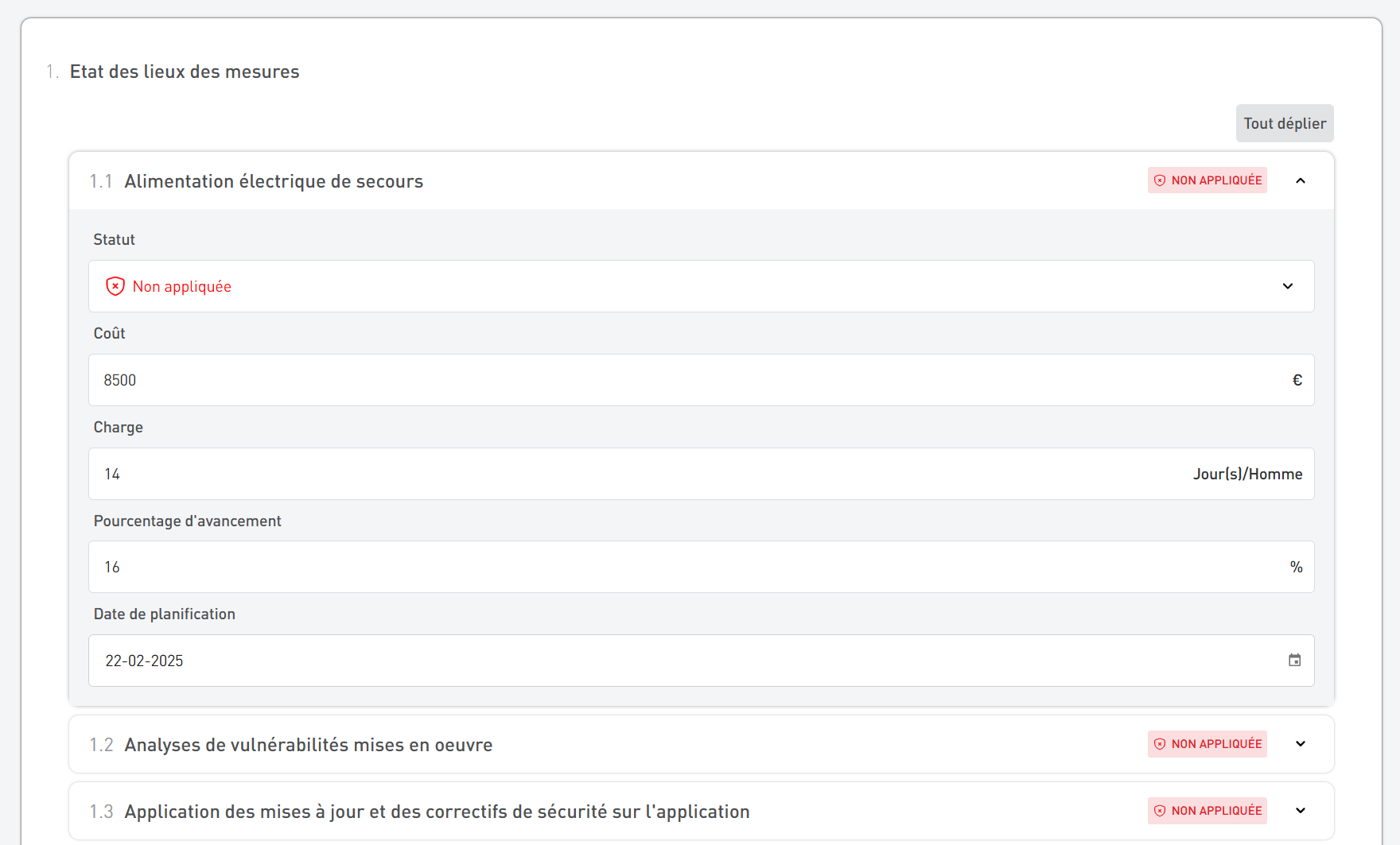 Tableau de suivi des mesures avec détails sur l'alimentation électrique de secours non appliquée, coût de 8500 euros, charge de 14 jours/homme, avancement à 16%, planification au 22-02-2025.