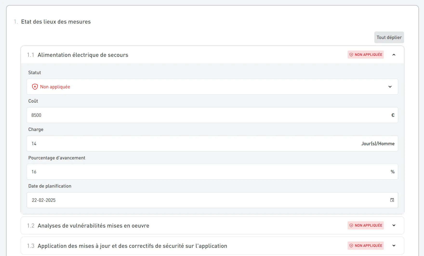 Tableau de suivi des mesures avec détails sur l'alimentation électrique de secours non appliquée, coût de 8500 euros, charge de 14 jours/homme, avancement à 16%, planification au 22-02-2025.