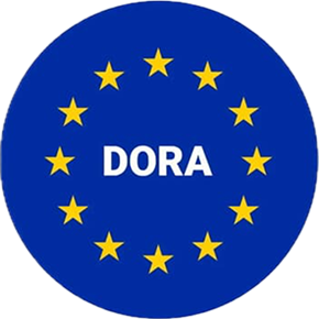 Cercle bleu avec douze étoiles jaunes formant un cercle autour du mot « DORA » au centre.
