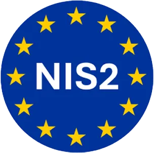 Symbole NIS2 avec cercle bleu et étoiles jaunes représentant l'Union européenne.