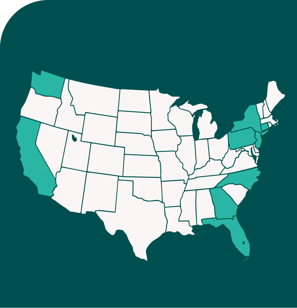 United States map highlighting nine states in teal including California, Washington, Florida, Georgia, and Northeast states
