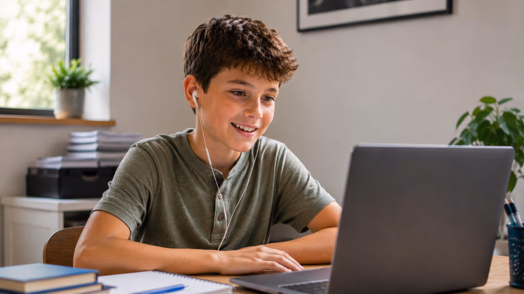 Boy wearing earphones sitting at desk, smiling and looking at laptop screen while studying.