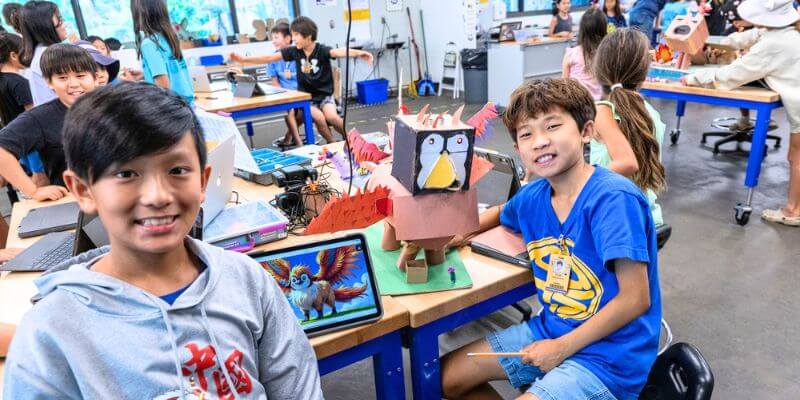 Parents and child using AI tools together at home, smiling at the screen.