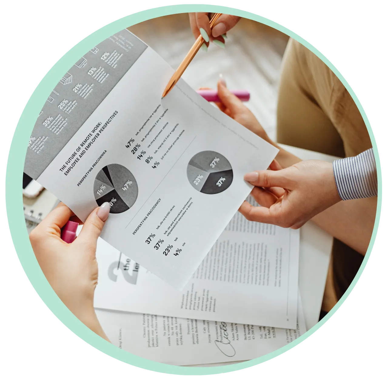 Two people reviewing a document with pie charts and statistical data about remote work perspectives.
