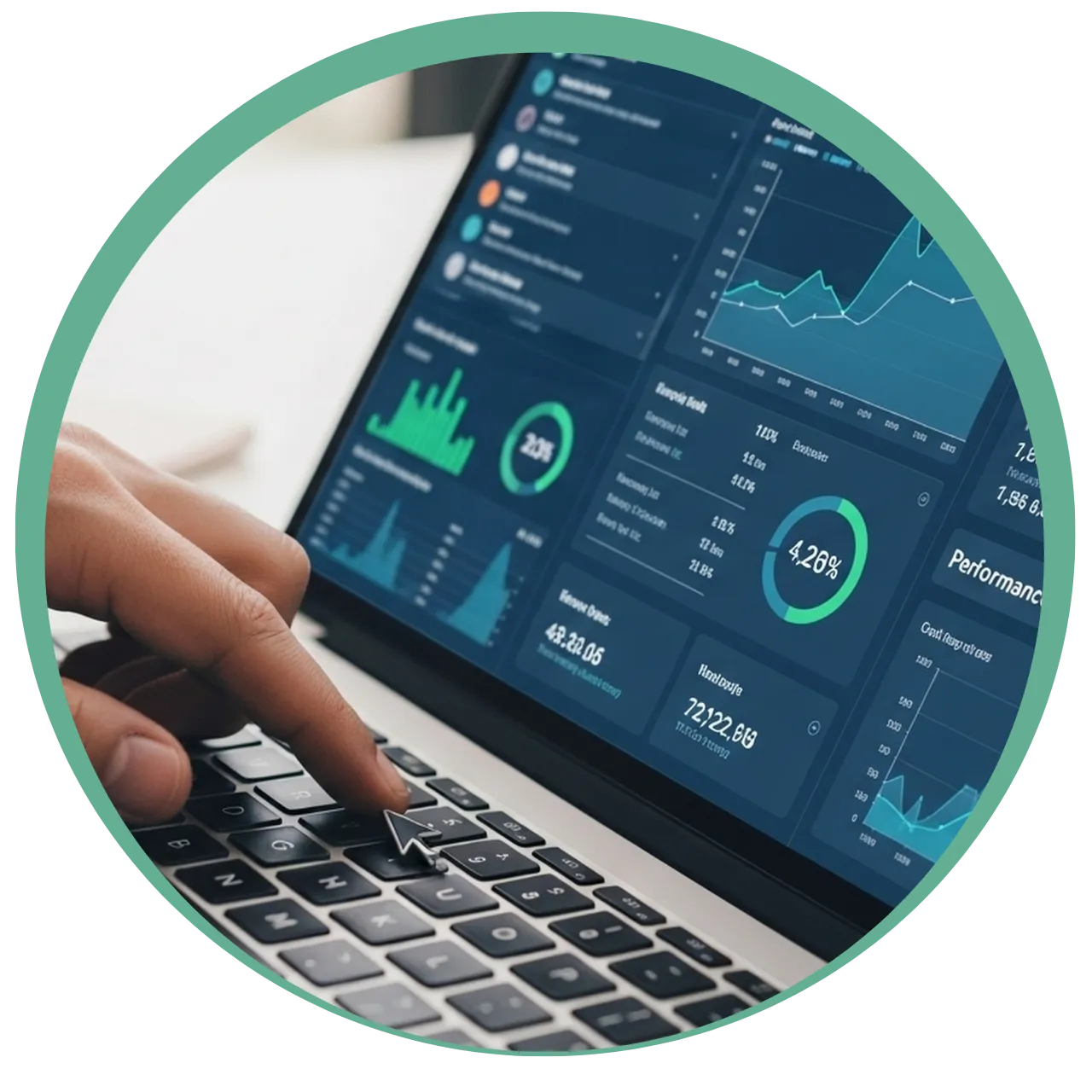 Hand typing on a laptop keyboard with a data analytics dashboard displaying charts and performance metrics on the screen.