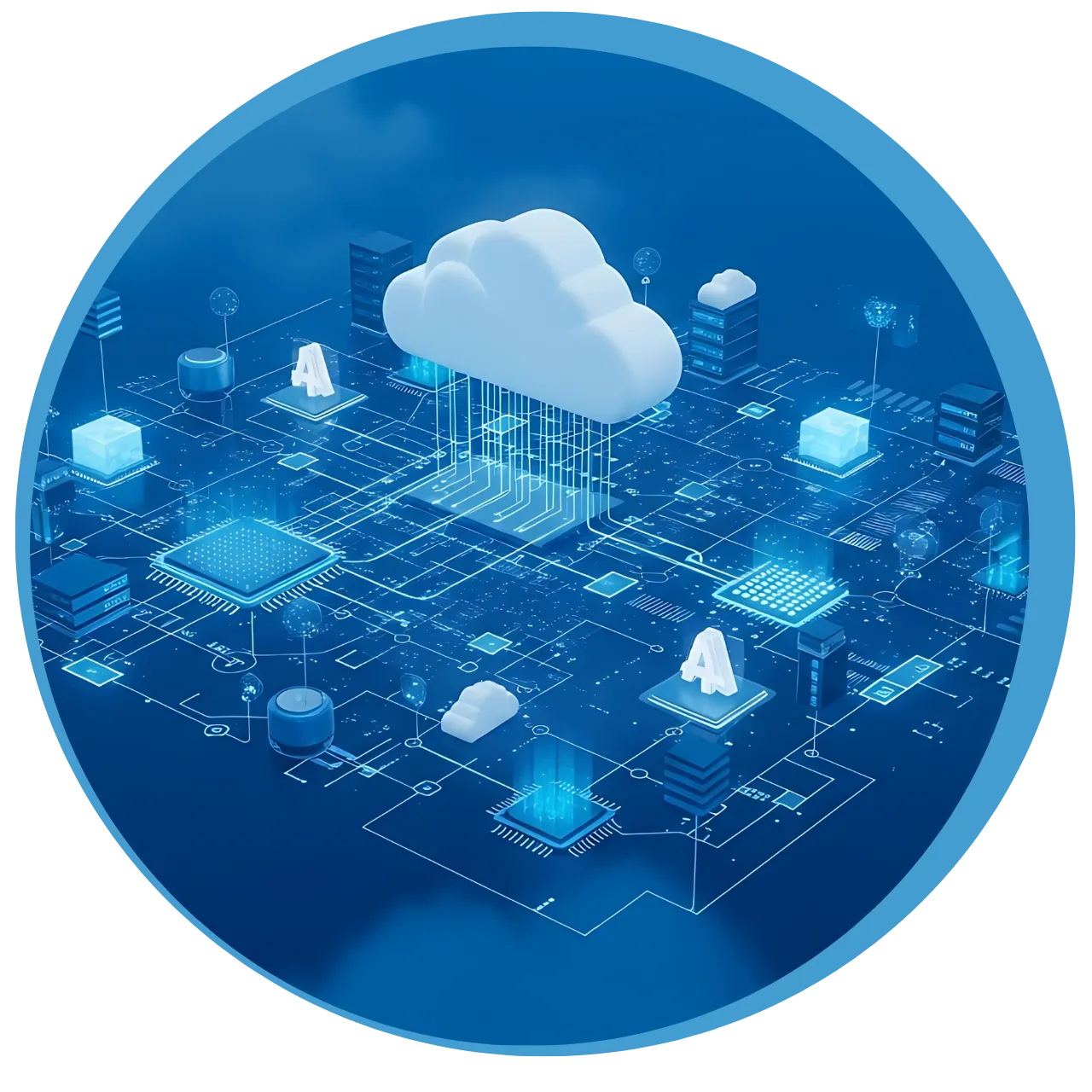 3D illustration of a digital cloud connected to a circuit board representing cloud computing network.
