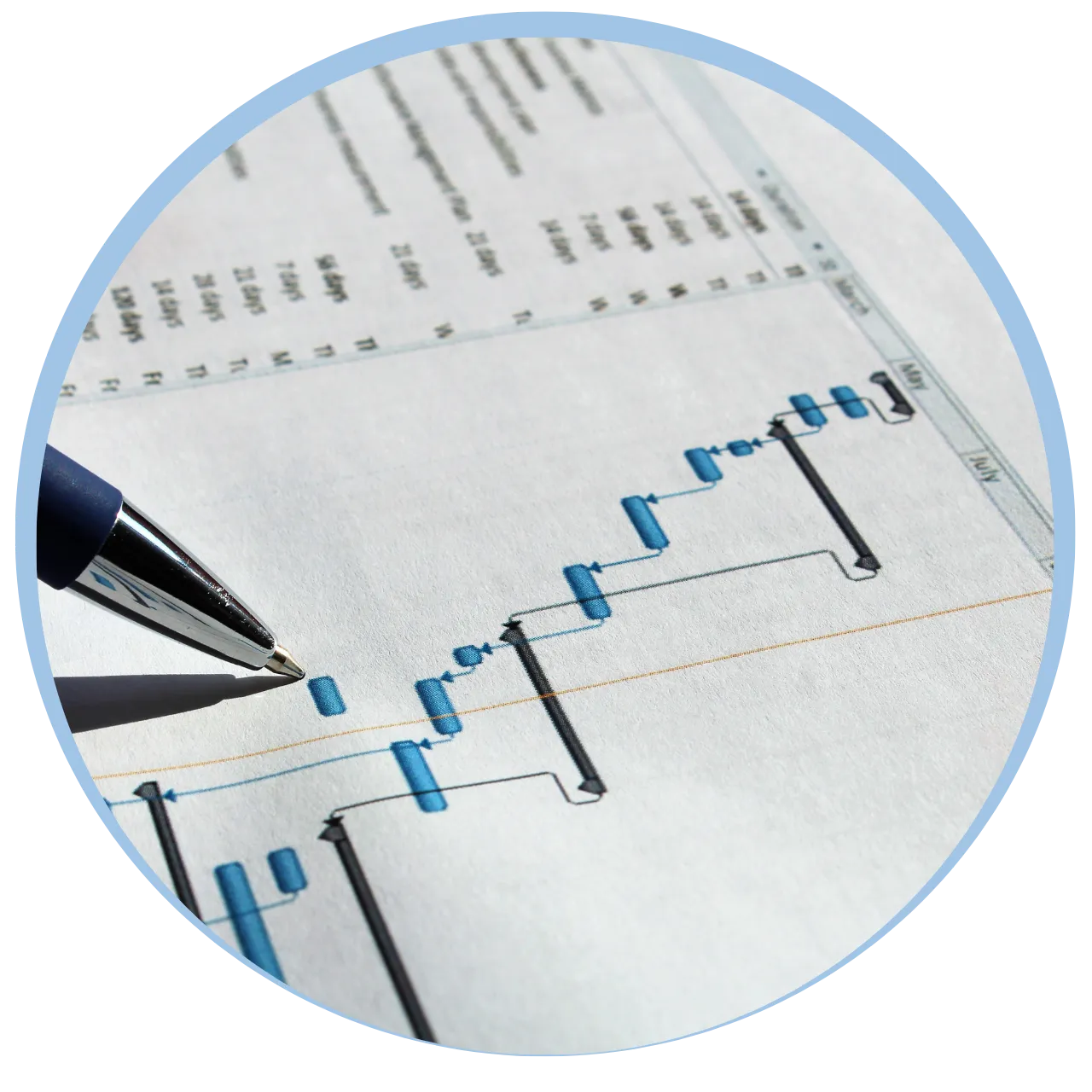 Close-up of a pen pointing at a blue and black Gantt chart on paper.