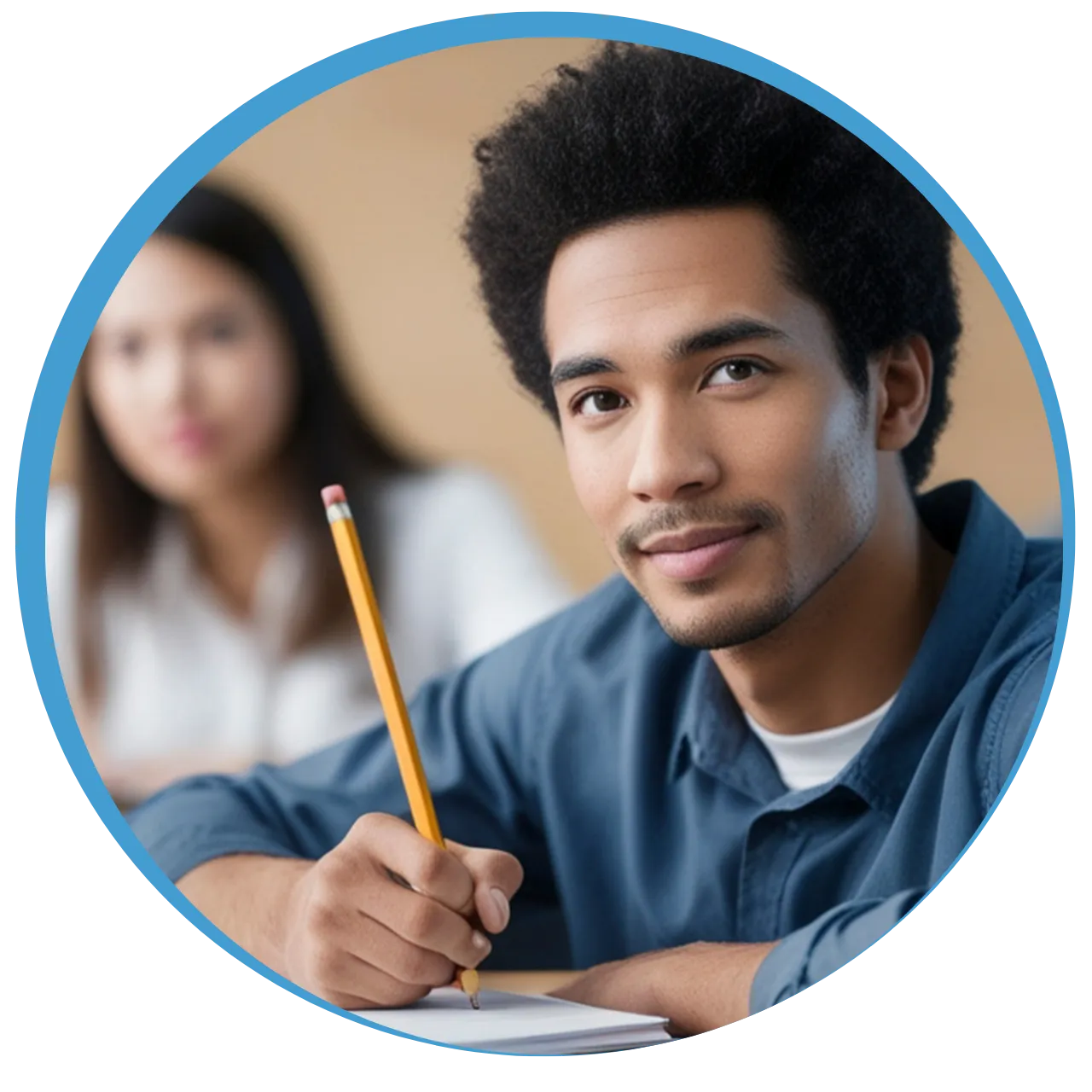 Young man with curly hair smiling while writing with a pencil on paper, woman blurred in background.