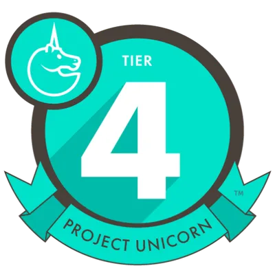 Badge with a unicorn head icon, large number 4, and text reading 'Tier 4 Project Unicorn' on a teal circular background.