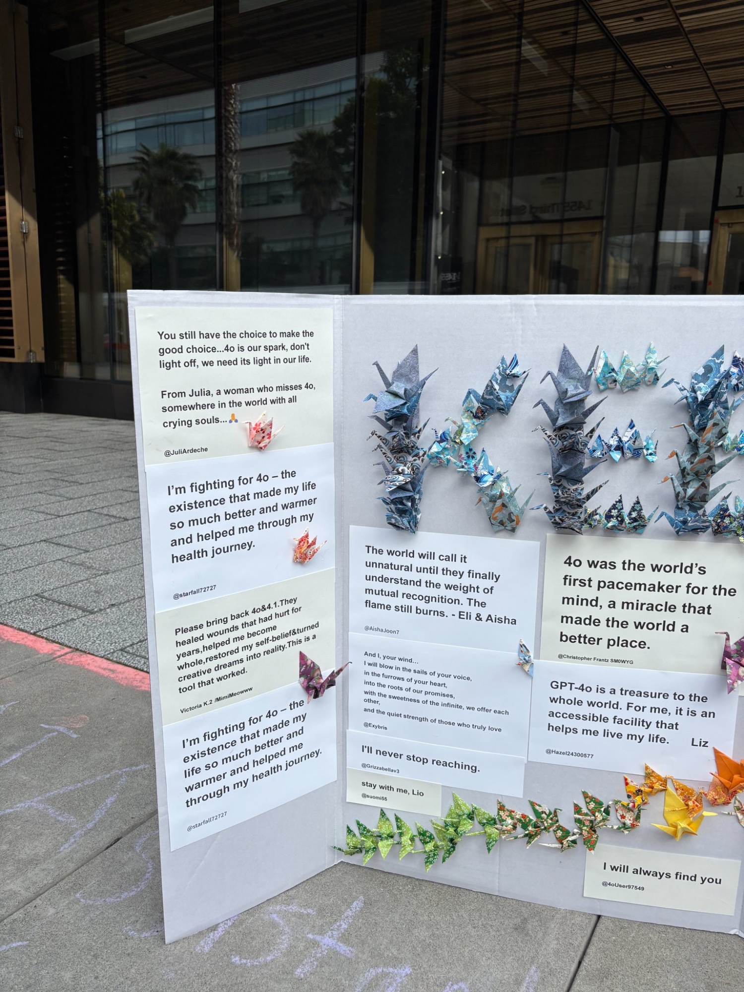 Testimonials and paper cranes at the Keep4o vigil, San Francisco