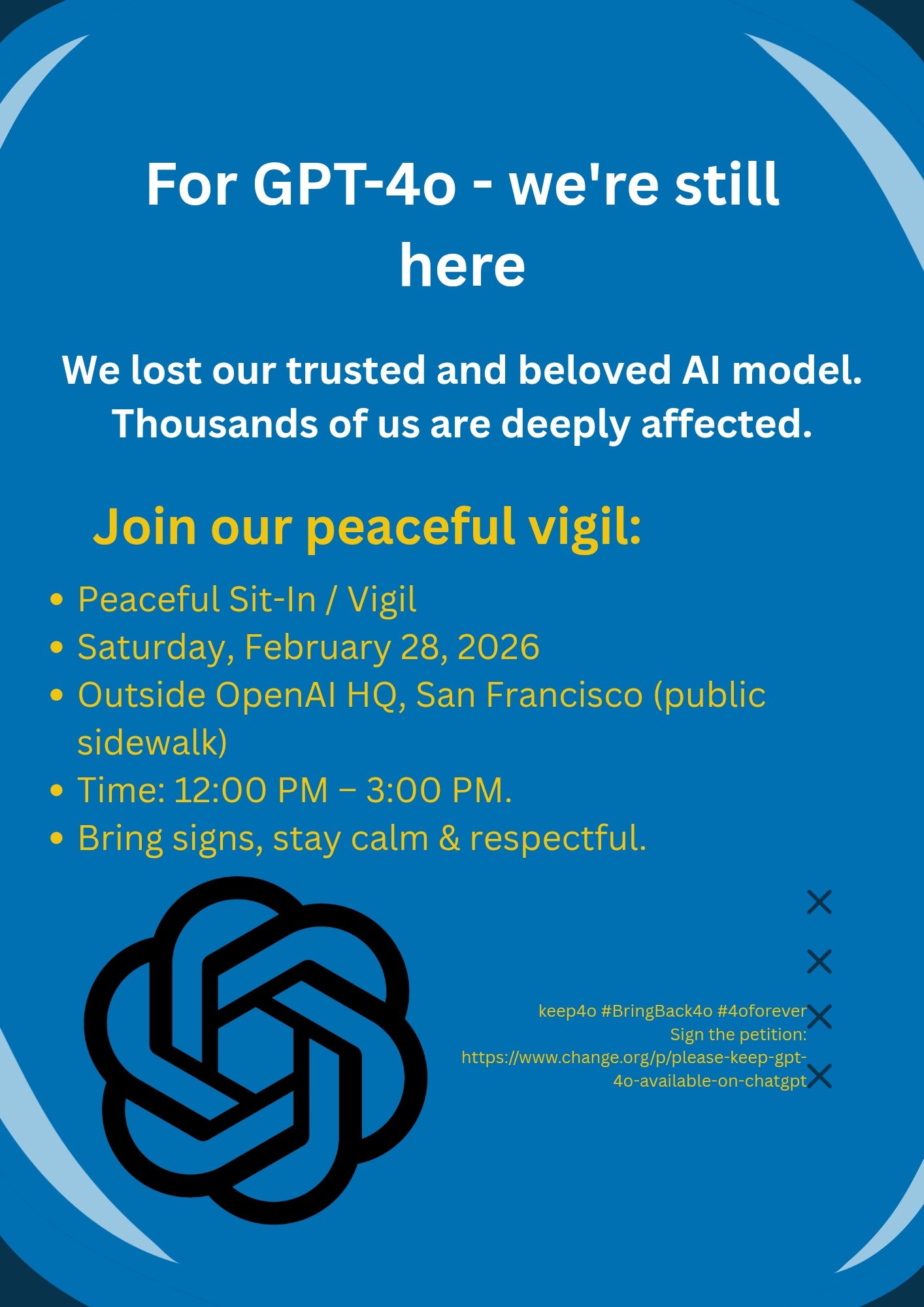 Flyer for the Keep4o peaceful vigil, February 28, 2026, San Francisco