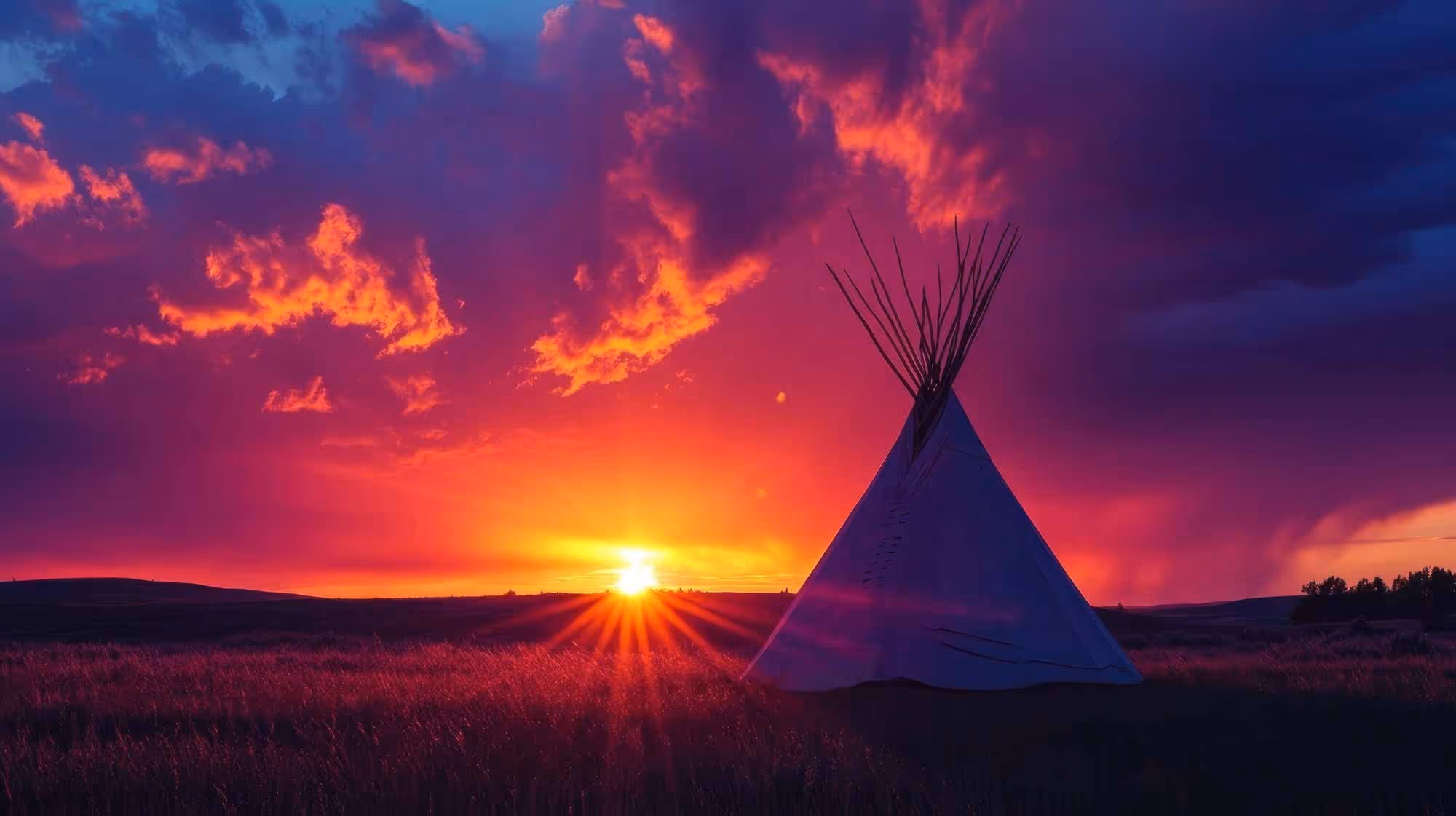 Traditional indigenous tipi on open prairie at vibrant sunset
