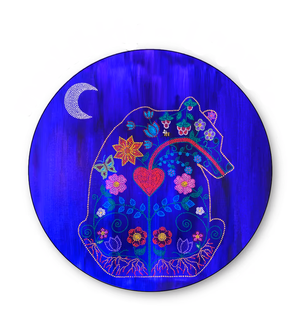 Maskihkiy logo - indigenous floral illustration on blue background