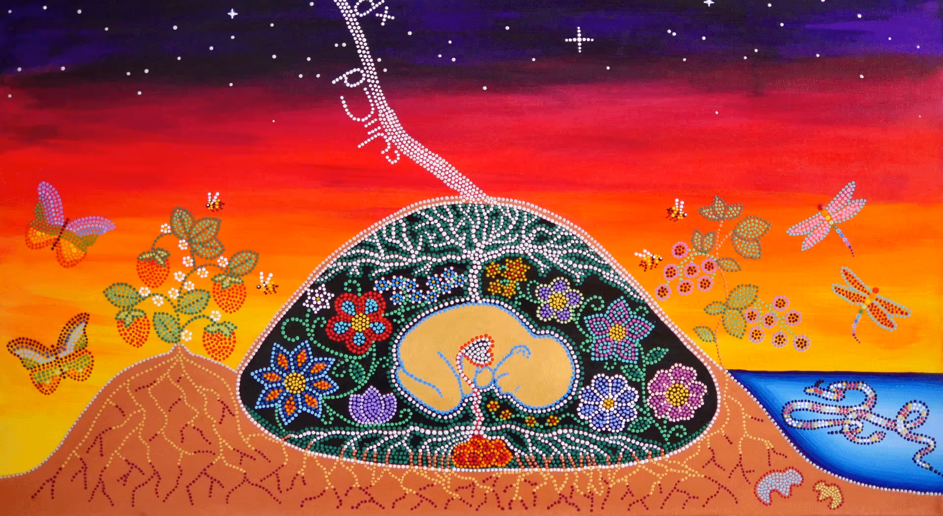 Indigenous dot art painting of a baby in the womb surrounded by flowers, butterflies and dragonflies with Cree syllabics