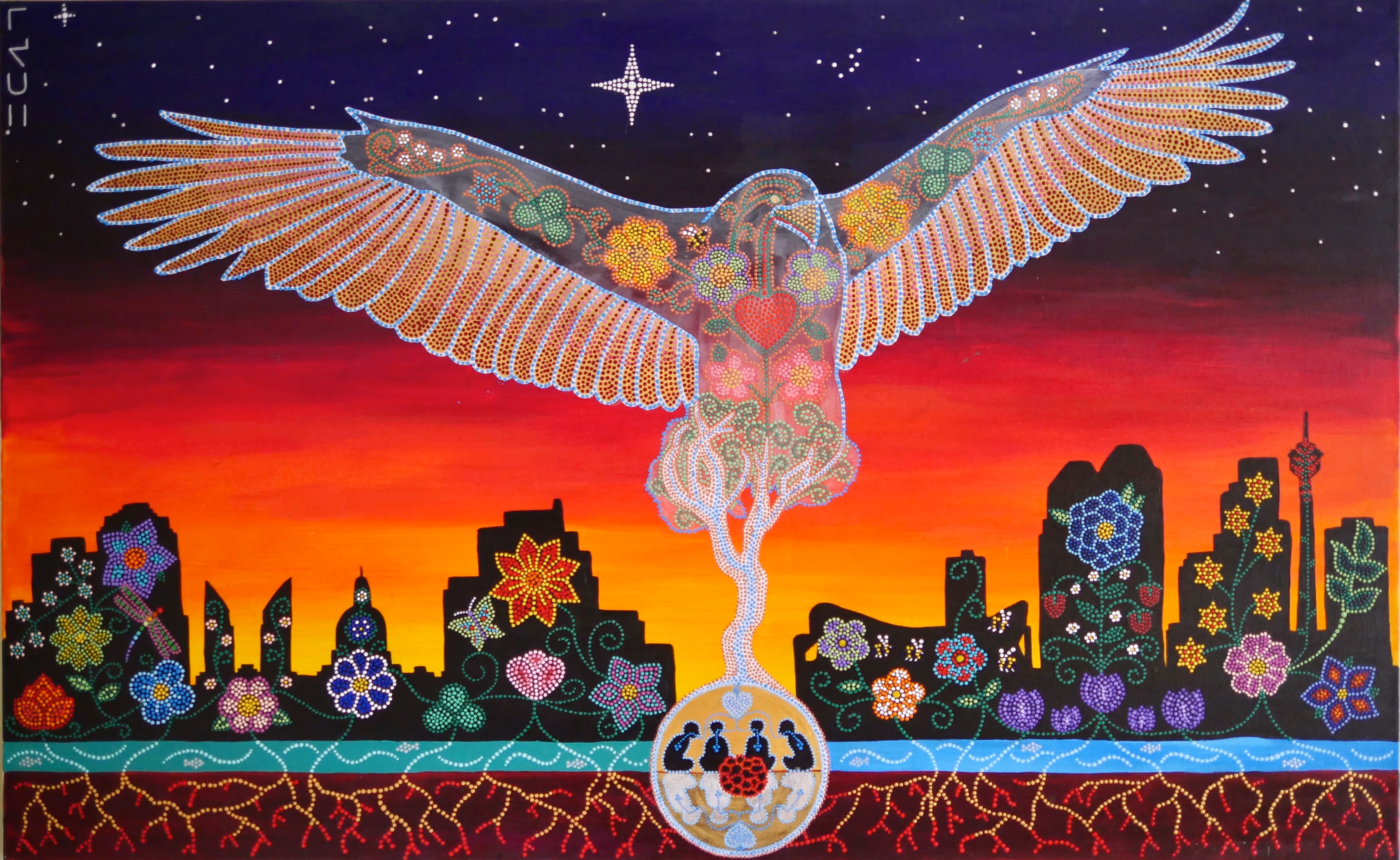 Indigenous dot art painting of an eagle in flight carrying a flowering tree above a city skyline at sunset