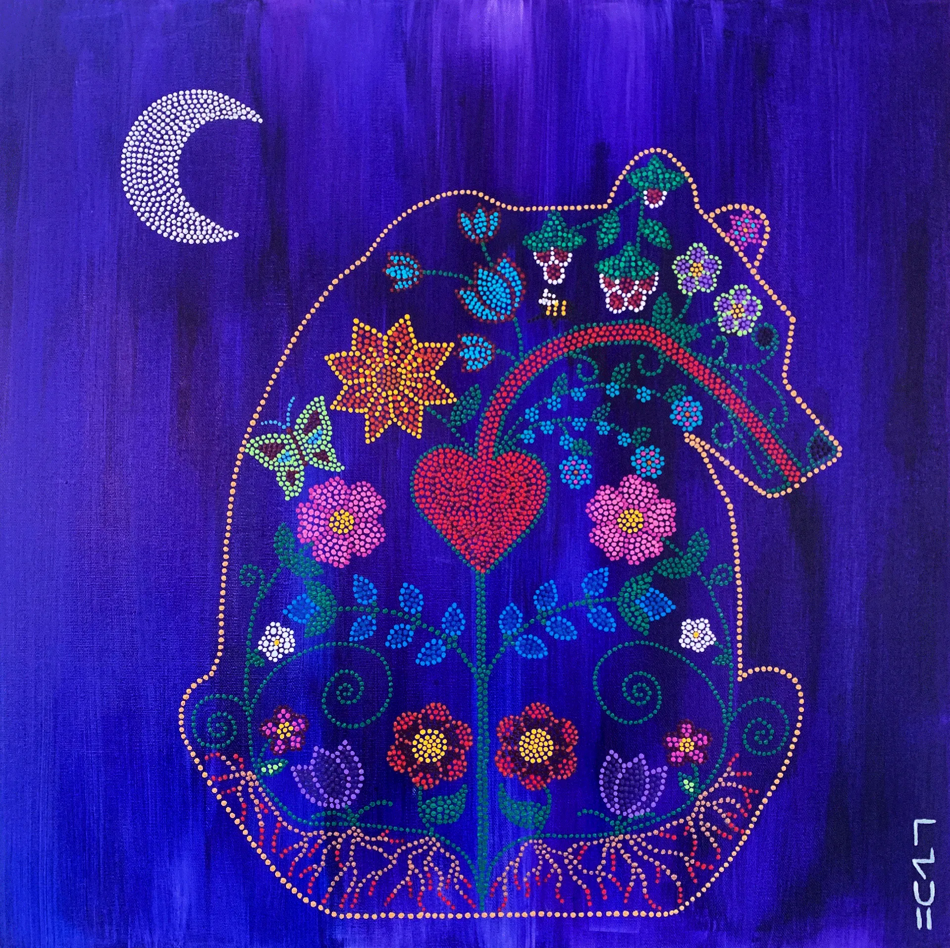 Indigenous dot art painting of a bear adorned with colorful flowers and a heart under a crescent moon on blue background