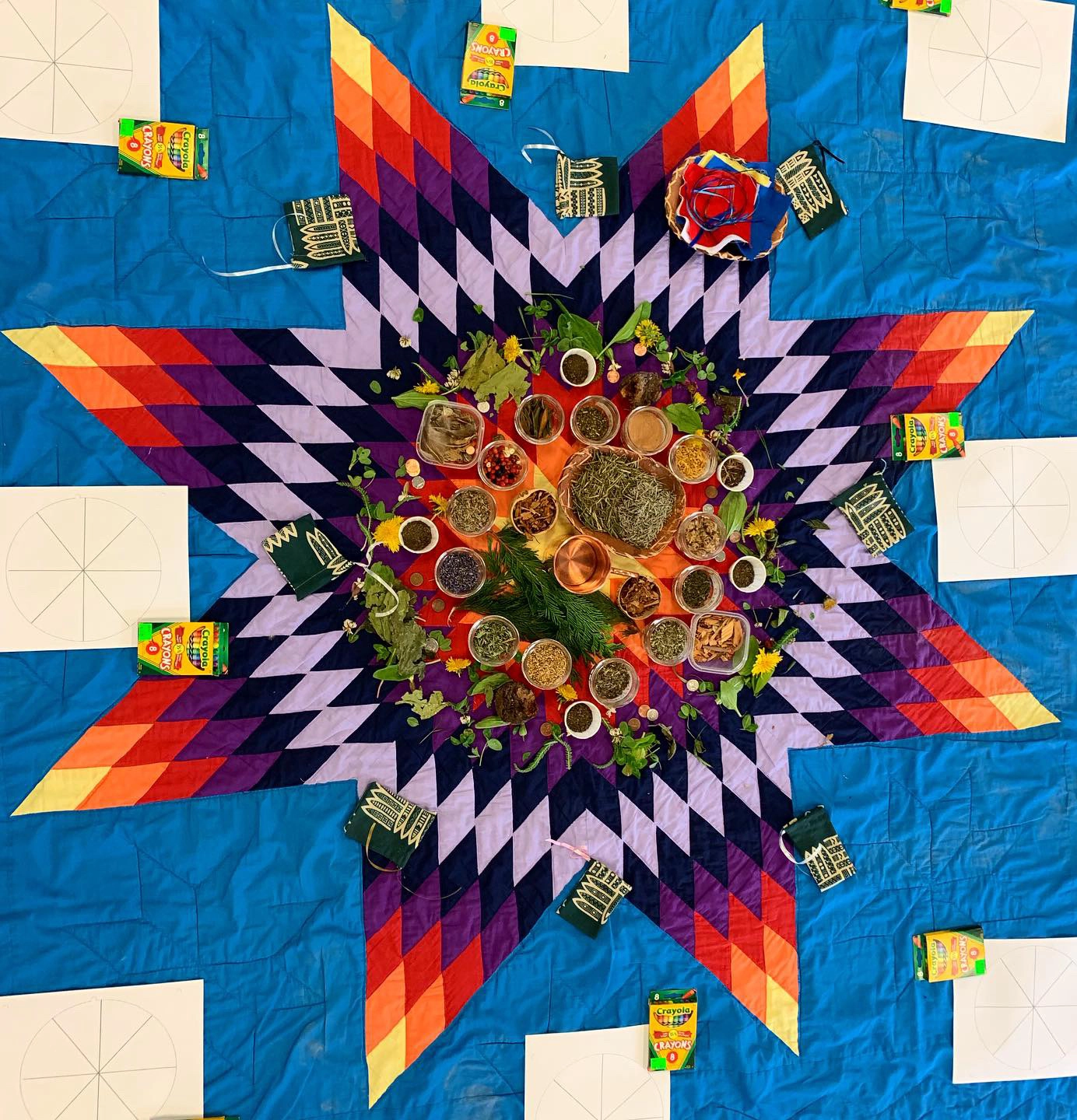 Traditional indigenous star quilt with medicinal herbs, plants and workshop materials arranged in the center