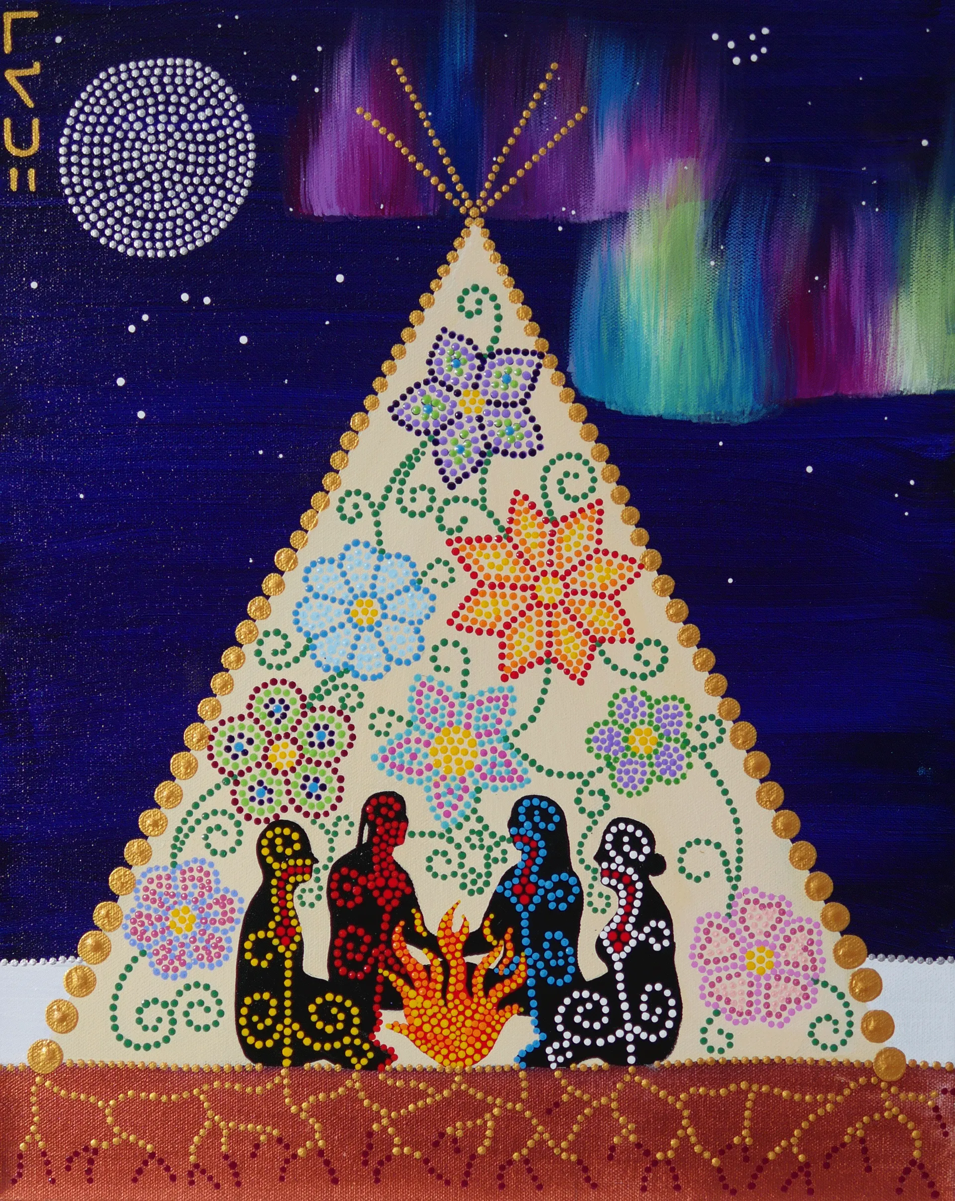 Indigenous dot art painting of four figures gathered around a fire inside a tipi under the northern lights