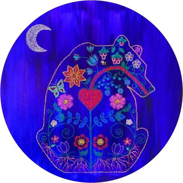 Indigenous dot art painting of a bear adorned with colorful flowers and a heart under a crescent moon